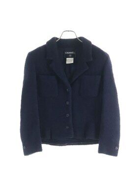 Chanel Camellia Button Tweed Jacket Navy Wool